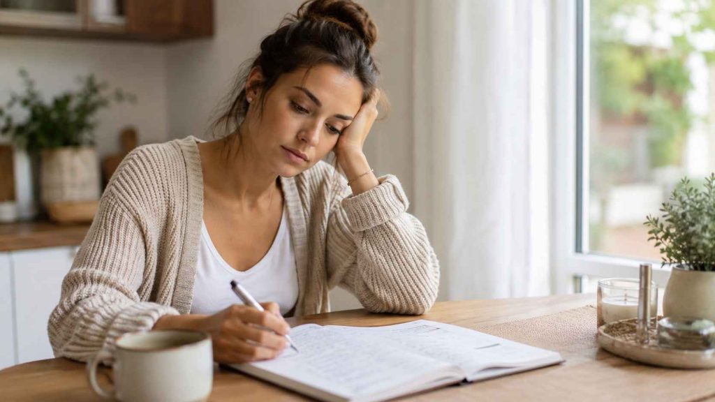 Mujer haciendo una pausa frente a sus actividades diarias