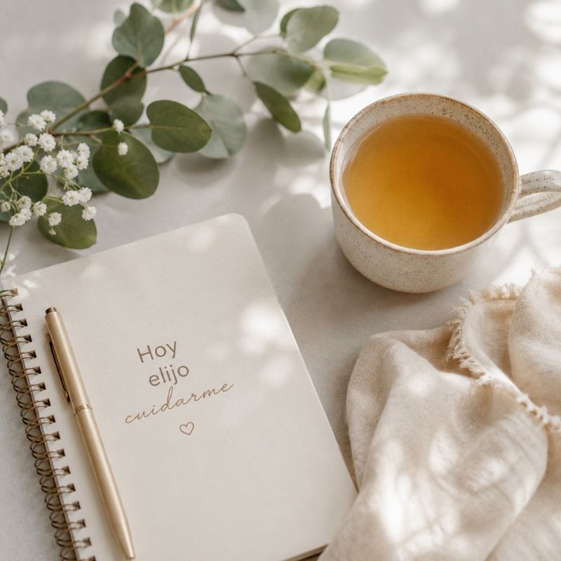 Libreta, taza de té y elementos naturales para un blog de bienestar para mujeres