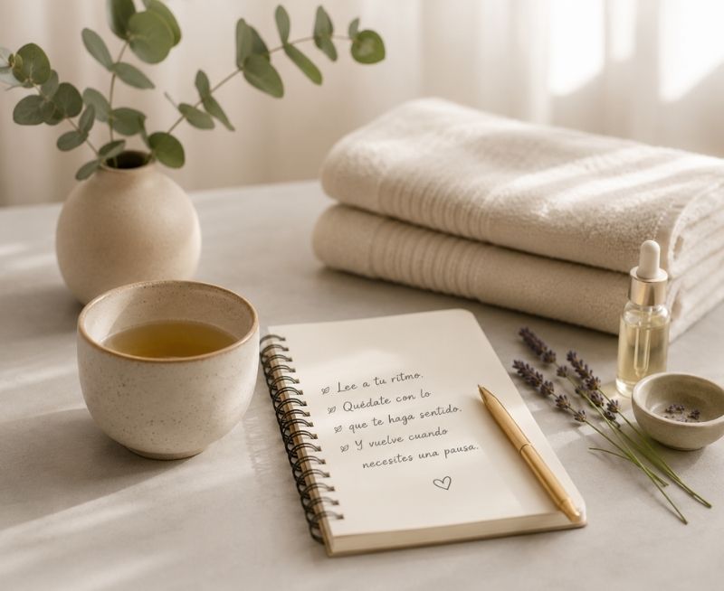 Libreta, taza de té y elementos de autocuidado para el blog de bienestar femenino