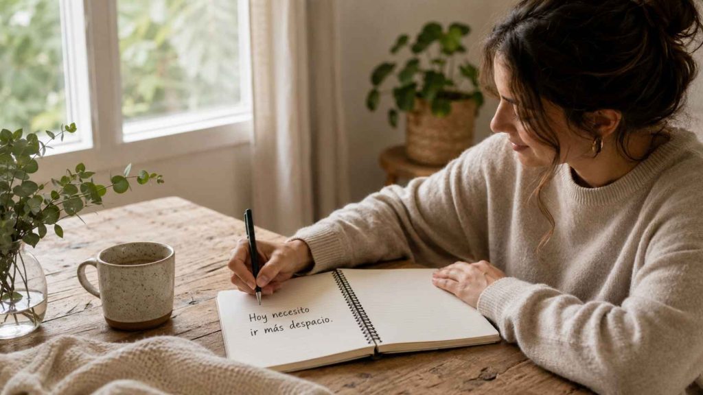 Mujer escribiendo en una libreta para volver a escucharse
